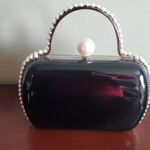 AQUA Black Patent Faux Pearl Box Clutch Purse